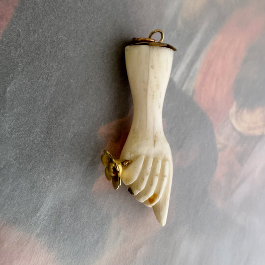 Vintage 9K Gold Bone Hand Pendant, Carved Pointing Hand Charm, Victorian Style Hand Amulet, Gold Flower Charm, Statement Pendant