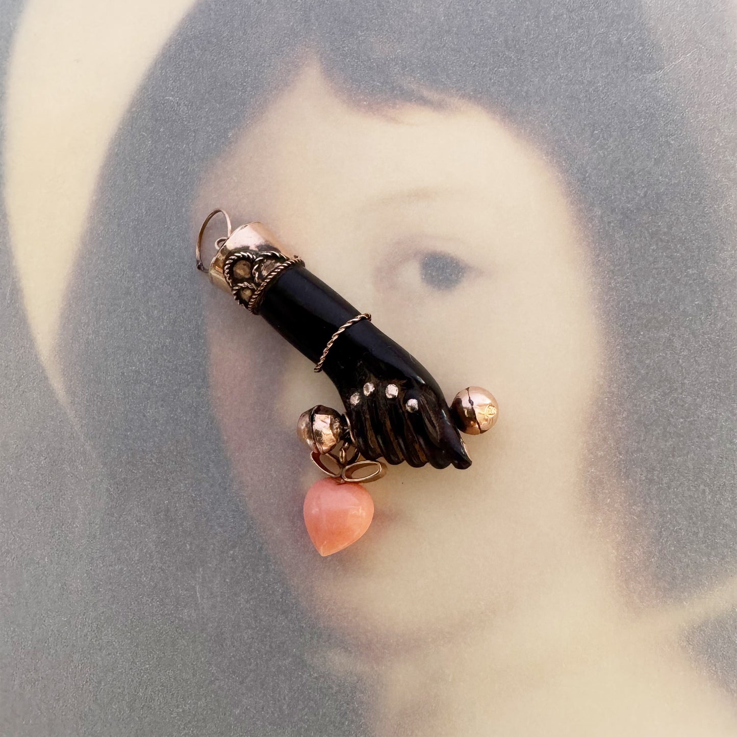 Antique 9k Gold Black Figa Pendant, Coral Heart Charm, Lucky Hand Amulet, Mano Fico, Italian Good Luck Talisman, 1920s Charm