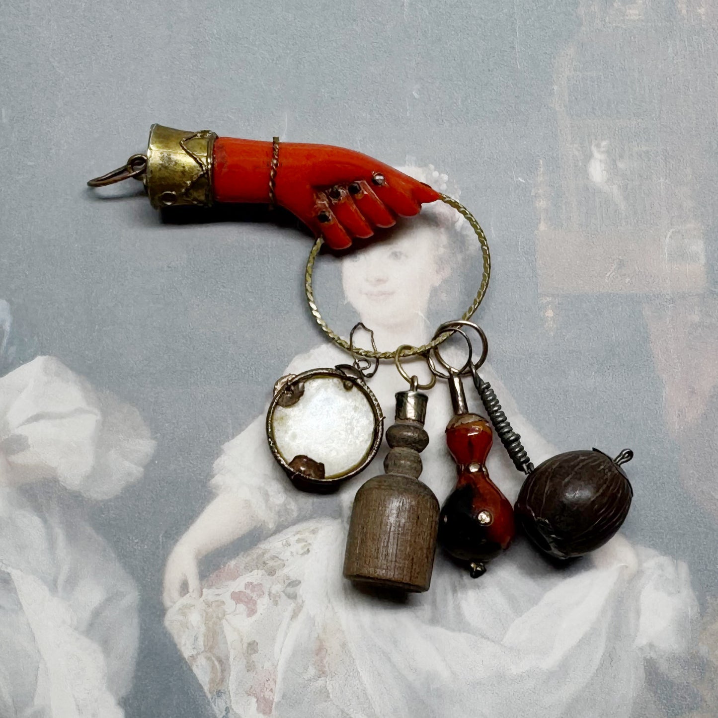 Vintage 1960s Red Figa Charm, Mano Fico Amulet with Mini Charms, Metal Bakelite Fist, Brazilian Lucky Talisman Jewelry