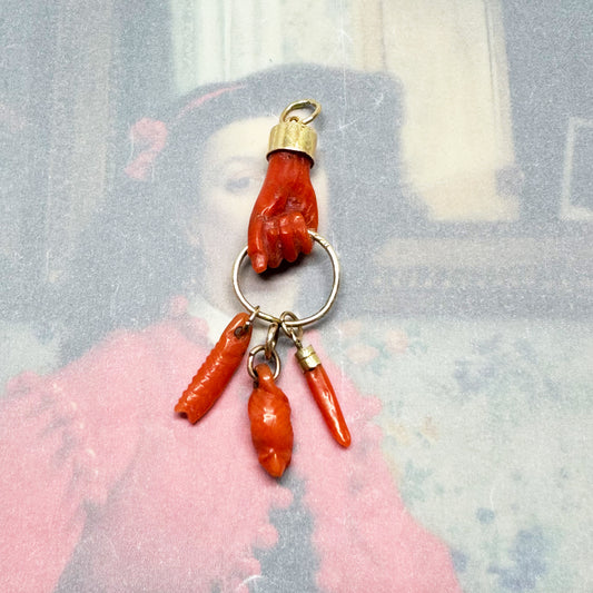 Antique 14k Gold Coral Fist Charm, 1920s Natural Coral Figa Amulet, Italian LuckyTalisman, Vintage Pendant