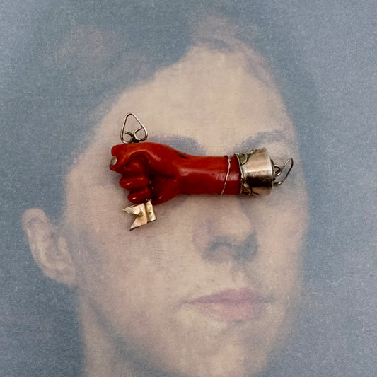 Antique Victorian Coral Figa Charm, 9k Gold Mano Fico Fist Pendant with Gold Key, Lucky Amulet