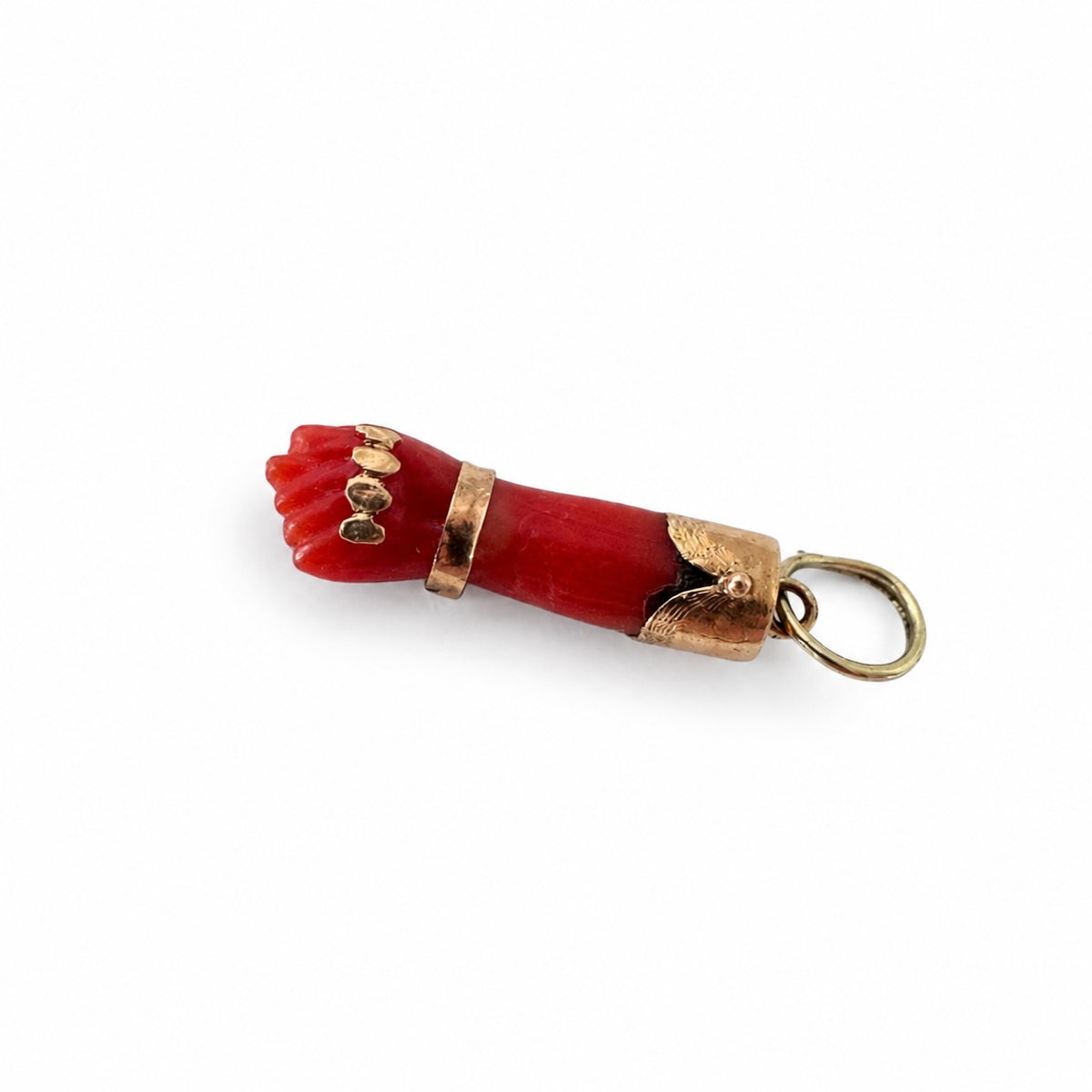 Antique Coral Figa Pendant, 9k Gold Mano Fico Charm, Natural Coral Hand Amulet, Edwardian Lucky Fist Pendant, Protective Talisman