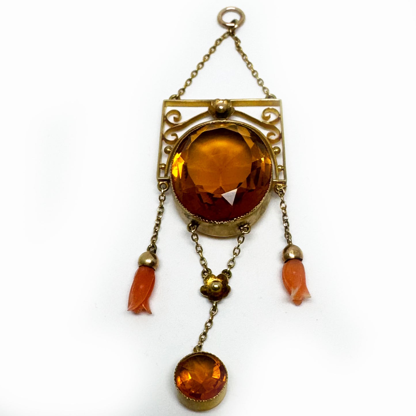 Edwardian 9ct Gold Festoon Pendant, Coral Bud Drops, Citrine Colour Glass Stone