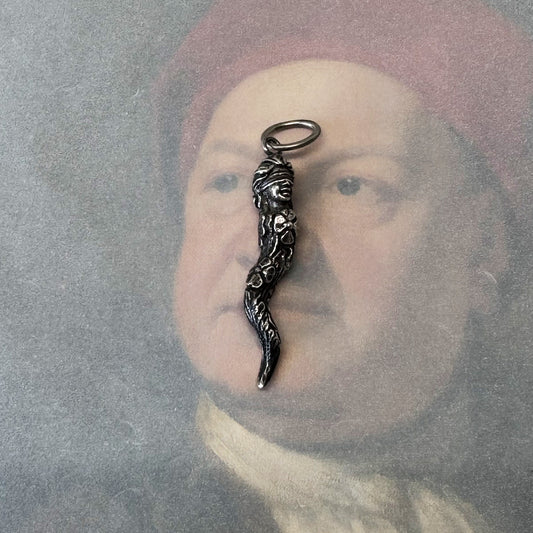 Vintage Italian Silver Blindfolded Goddess Amulet,  Neapolitan Cornetto Bendatto Charm, Protective, Lucky Pendant, 1950s Folk Jewelry