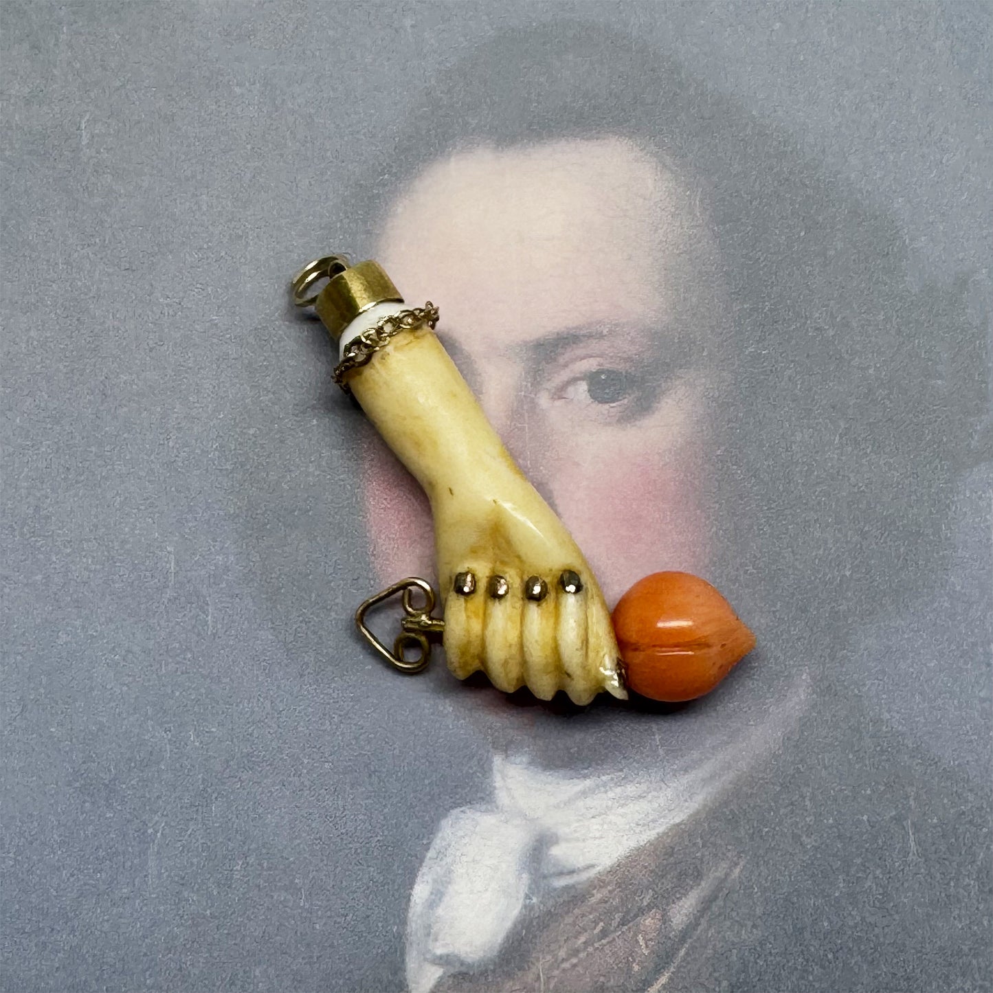 Antique Victorian Bone Figa Pendant with 9k Gold Details and Coral Rose, 19th-Century Italian Mano Fico Amulet