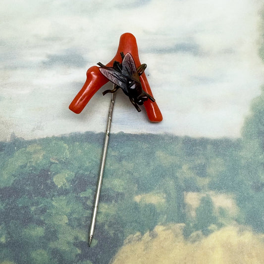 Antique Coral Pin, Victorian Coral Branch Stick Pin Brooch, Carved Horn Fly Insect Tie Pin, Novelty Treasure, Lucky