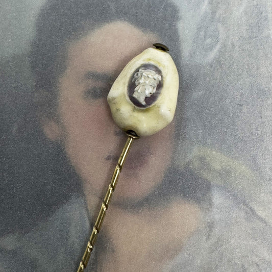 Rare Victorian Cowrie Shell Cameo Stick Pin, Antique Italian Grand Tour Gold Plated Cravat Pin, Miniature Shell Portrait, 1800s
