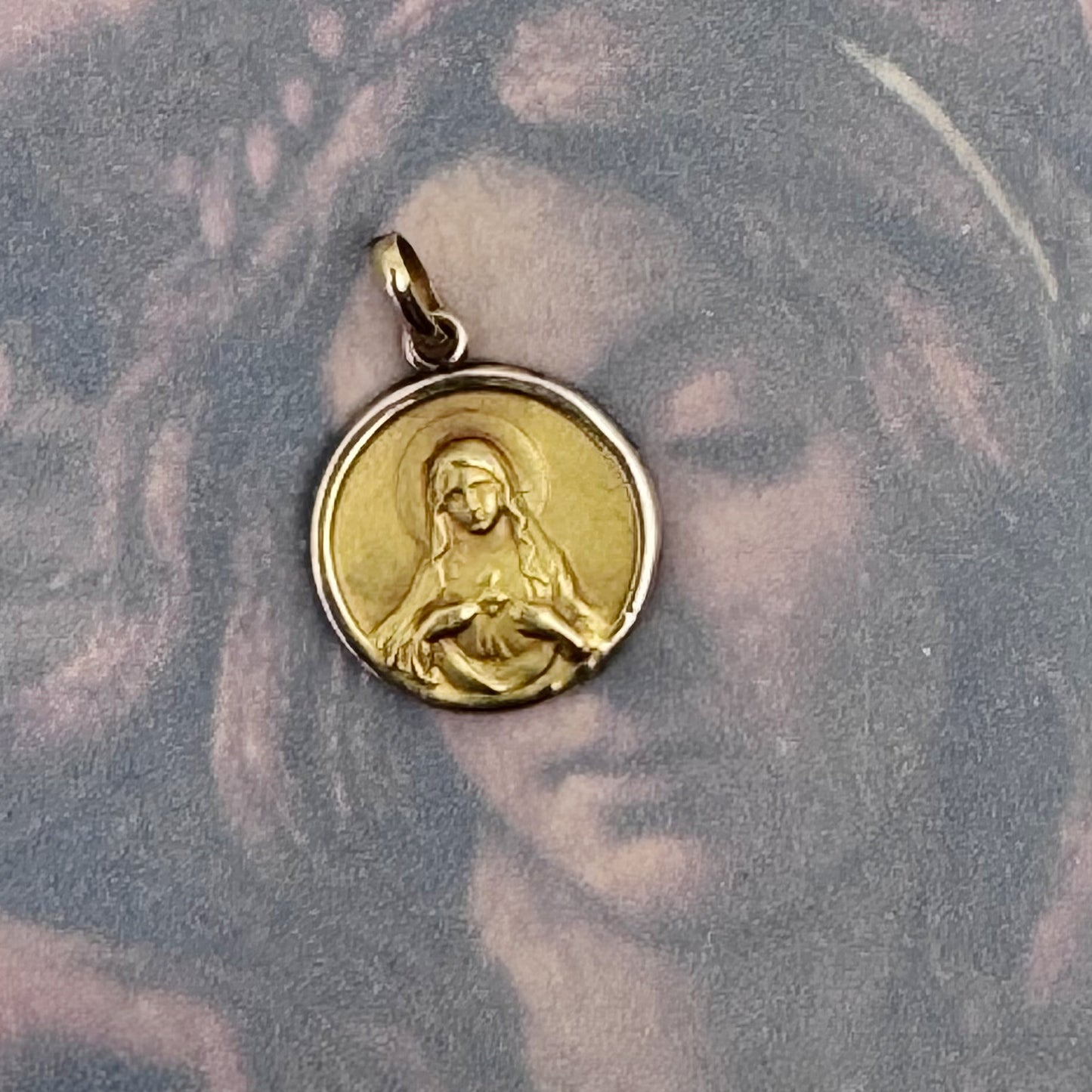 Antique 18k Gold Virgin Mary Medal, Immaculate Heart of Mary Pendant, 1920s Portuguese Religious Charm, Catholic Jewellery Gift