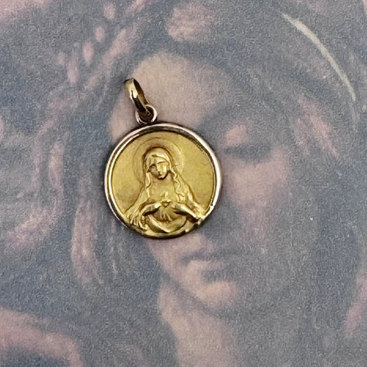 Antique 18k Gold Virgin Mary Medal, Immaculate Heart of Mary Pendant, 1920s Portuguese Religious Charm, Catholic Jewellery Gift