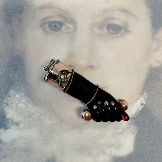Antique 9k Stained Horn Figa Pendant, 9 ct Gold dark brown Good Luck Charm, Mano Fico, Evil Eye
