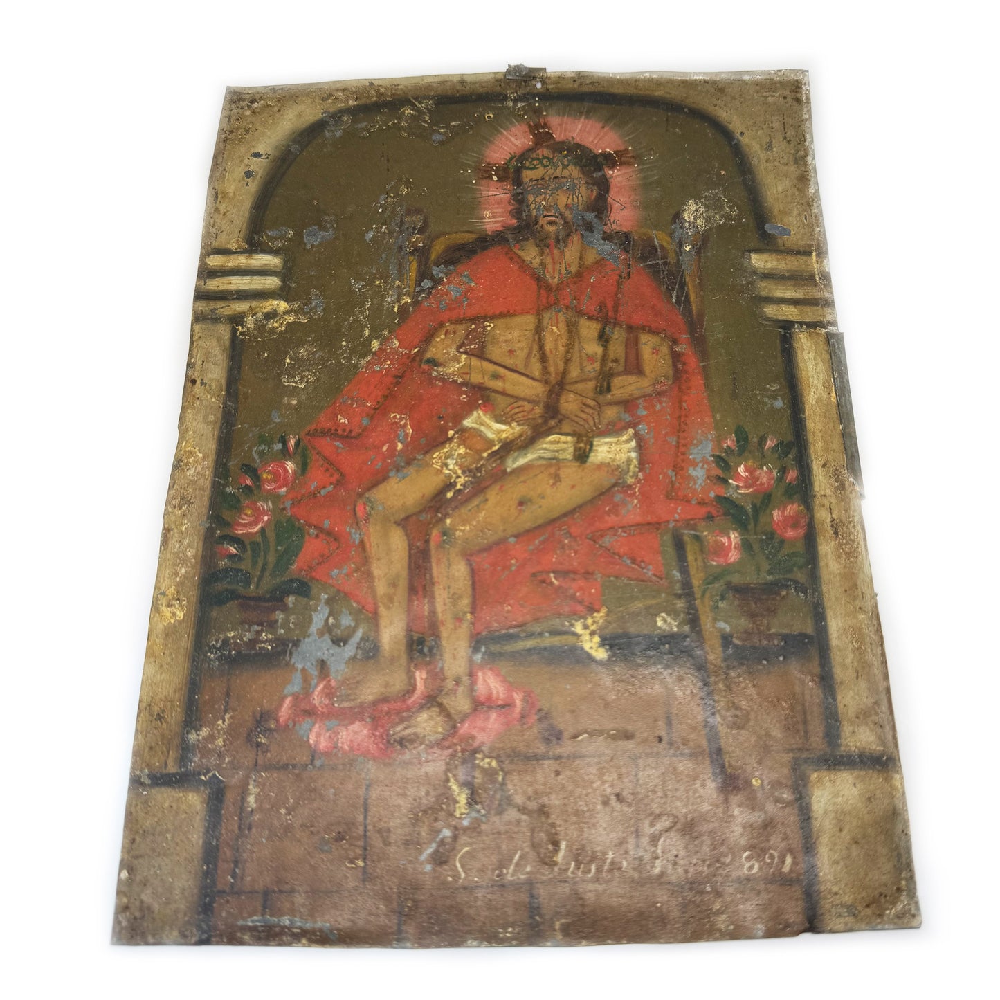 Antique Christ Mocked Painting on Tin Metal Panel, Ex Voto Religious Folk Art, 1891 Sacred Heart Icon, Primitive Catholic Devotional Art