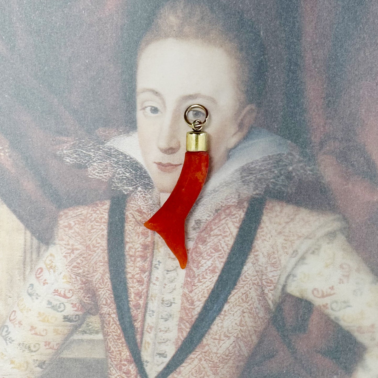 Antique Mediterranean Coral Charm in 14k Gold Setting, Early 20th Century Natural Coral Pendant, Salmon Orange Corno Amulet