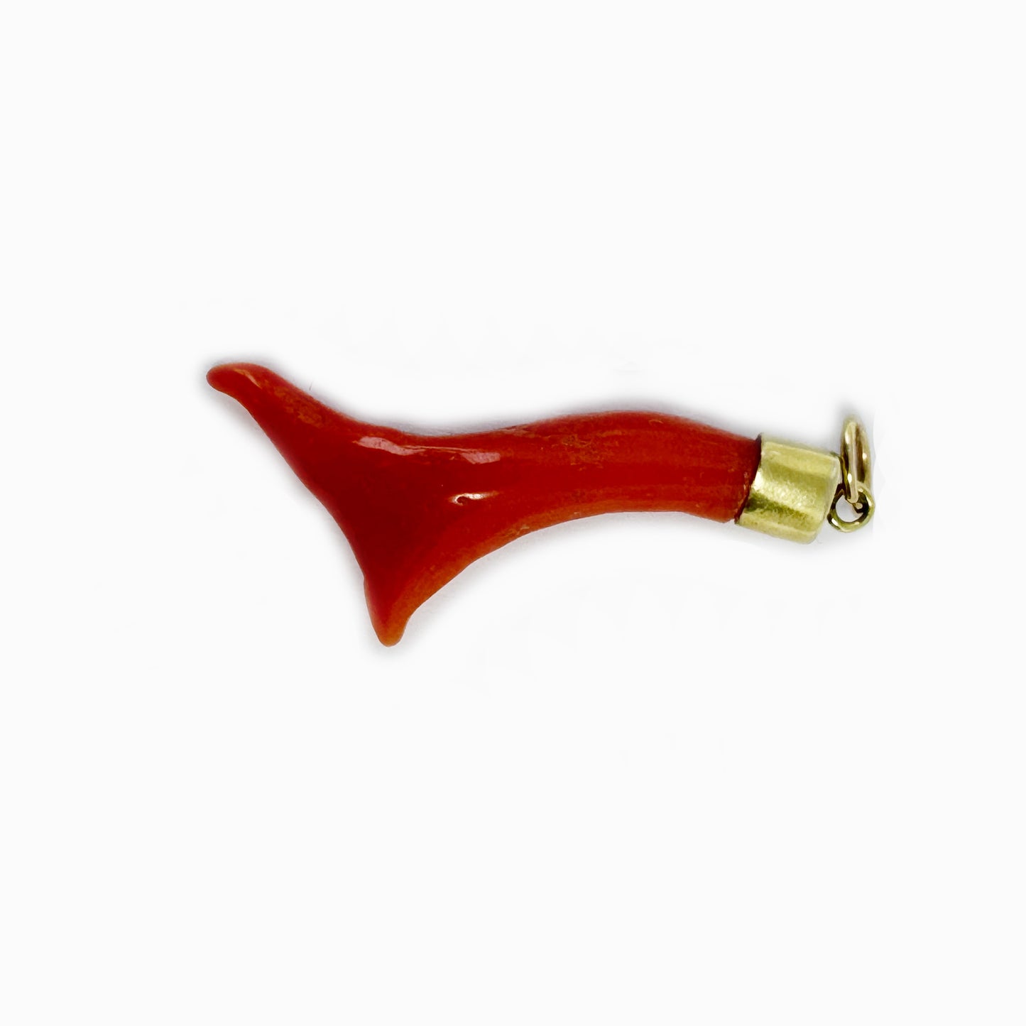 Antique Mediterranean Coral Charm in 14k Gold Setting, Early 20th Century Natural Coral Pendant, Salmon Orange Corno Amulet