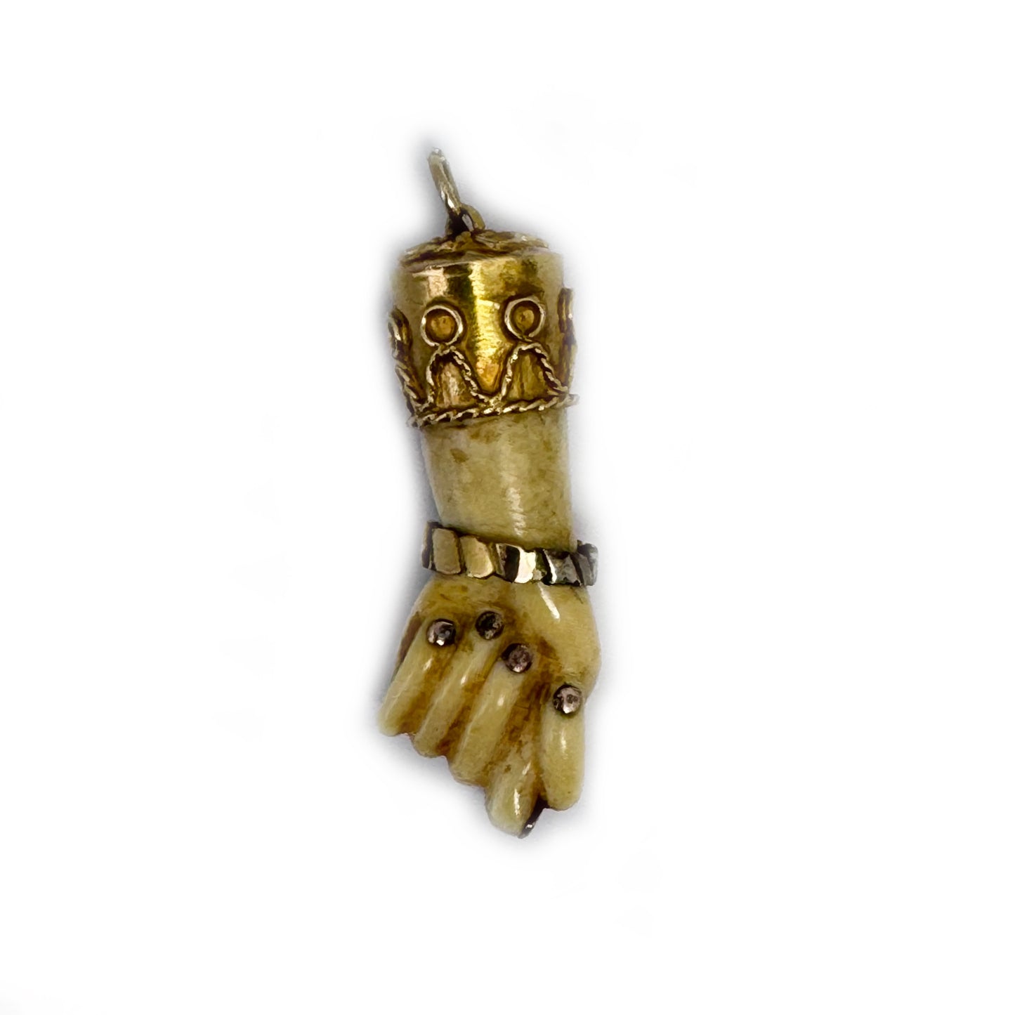 Antique Victorian Bone Figa Mano Fico Pendant, 18k Gold Mounted Hand Amulet, c.1800s Lucky Charm