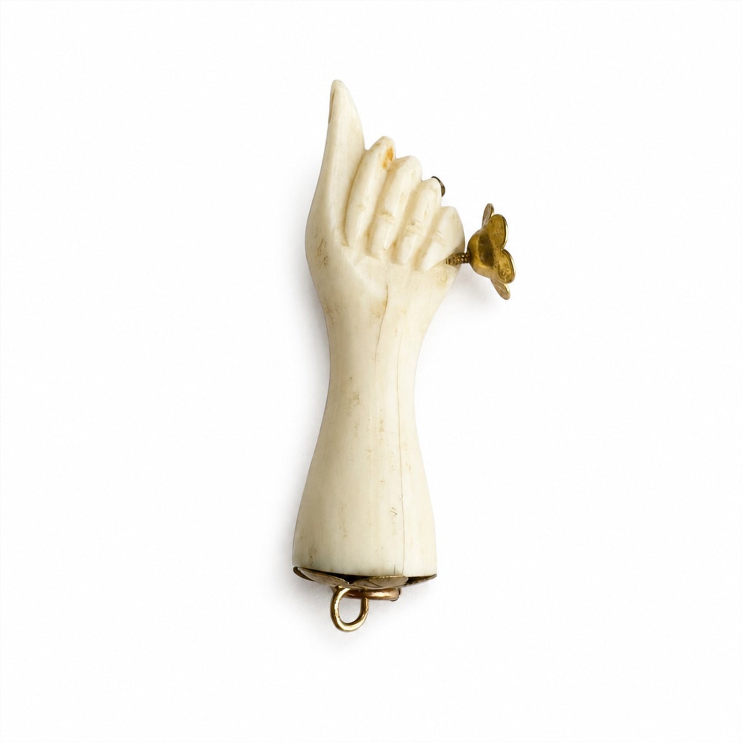 Vintage 9K Gold Bone Hand Pendant, Carved Pointing Hand Charm, Victorian Style Hand Amulet, Gold Flower Charm, Statement Pendant