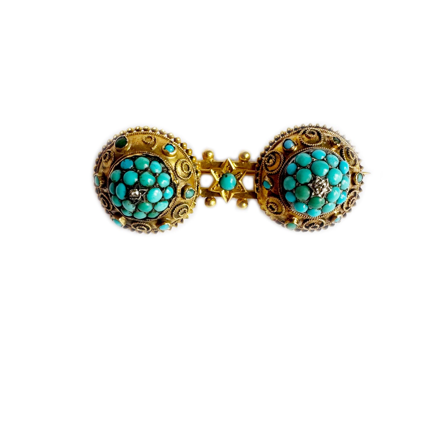 Antique Victorian 15k Gold Brooch, Etruscan Revival Turquoise Diamond Pin, 15ct Double Brooch, 1800s Ancient Italian Style Classical Jewelry