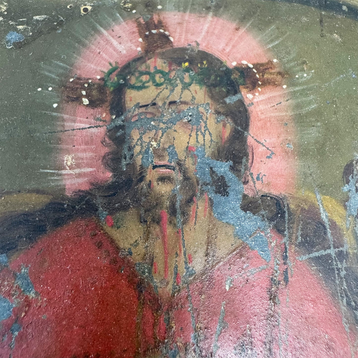 Antique Christ Mocked Painting on Tin Metal Panel, Ex Voto Religious Folk Art, 1891 Sacred Heart Icon, Primitive Catholic Devotional Art