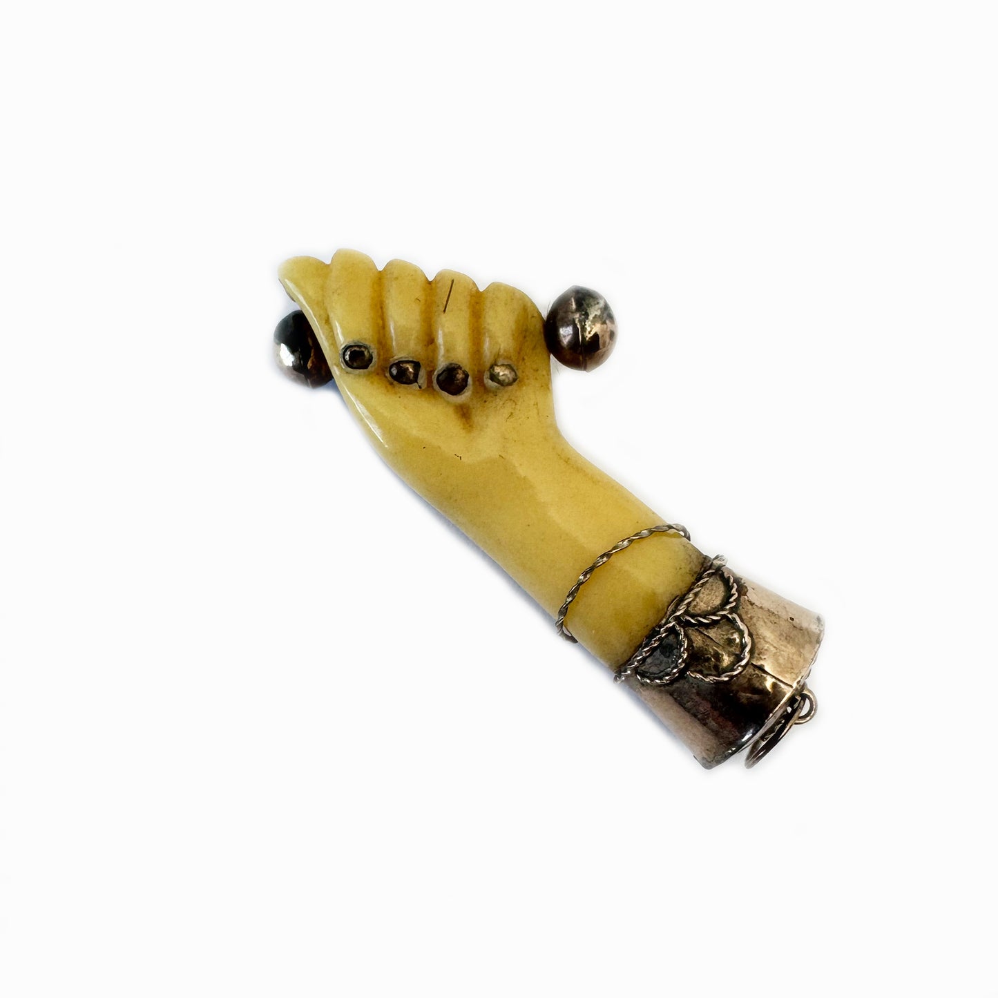 Vintage Galalith Figa Hand Pendant, Mano Fico Lucky Charm, Bone Tone Hand Amulet with Rose Gold Metal, Mid Century Talisman