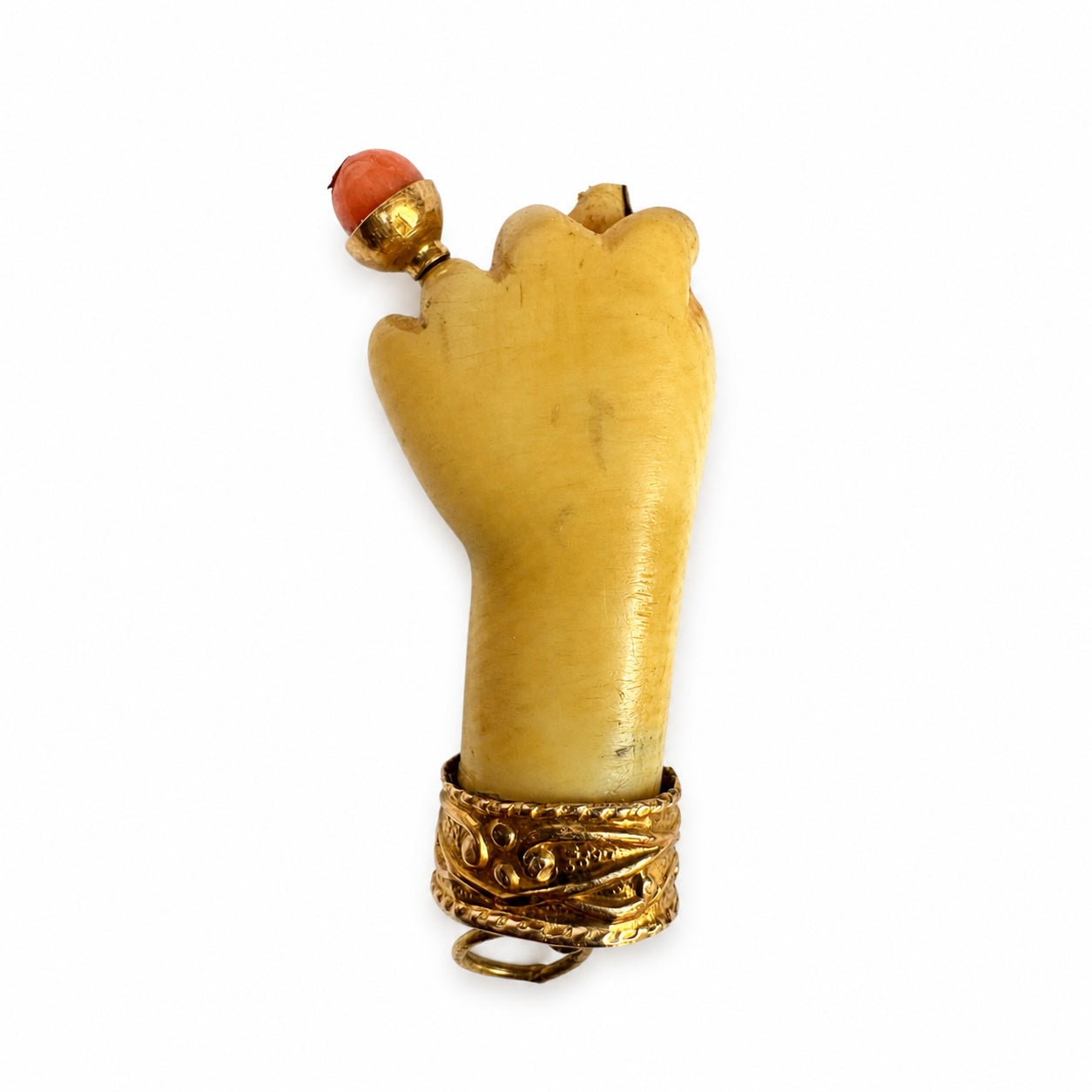 Antique Victorian Bone Figa Hand Pendant, 14k Gold & Coral Mano Fico Amulet, Lucky Talisman, Evil Eye Protection, Figa Charm