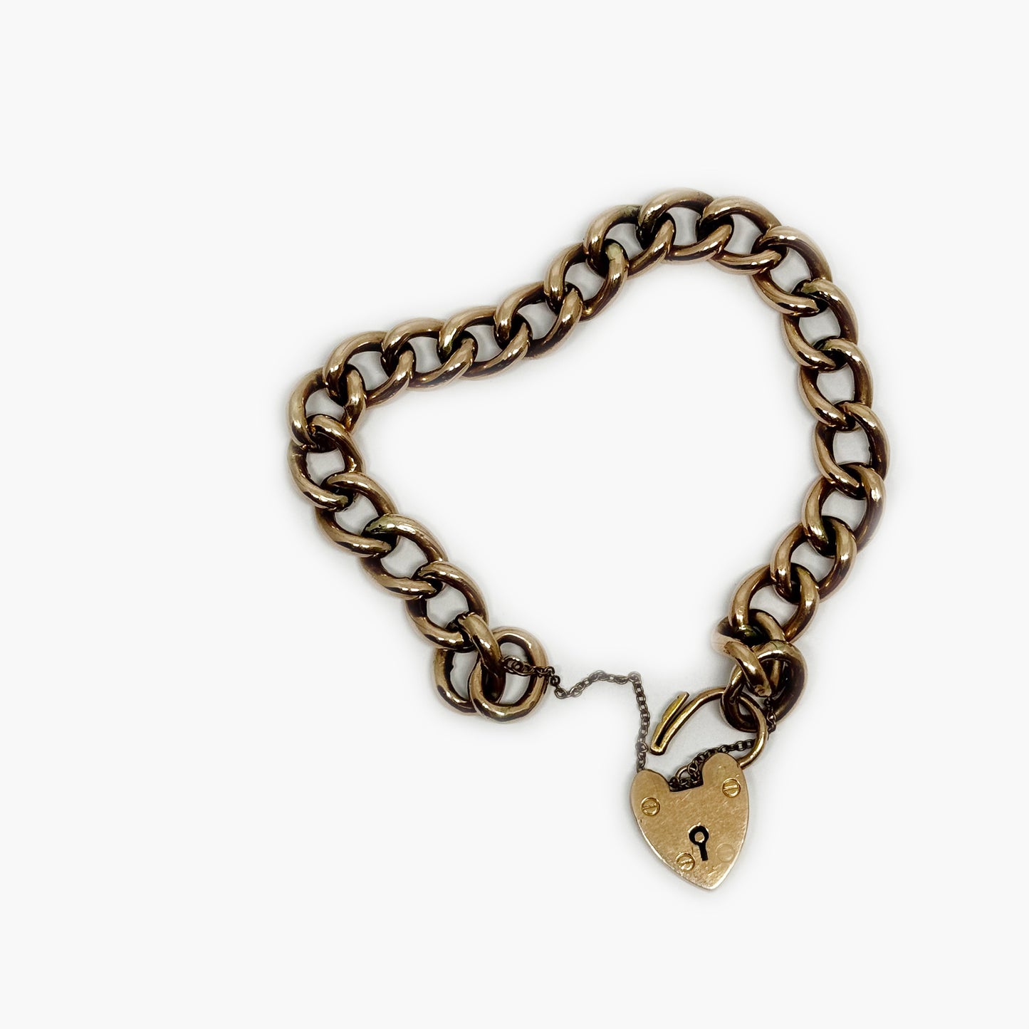 Vintage 9k Rose Gold Curb Link Bracelet, 15.8 grams, 9ct Gold Chain Bracelet, Heart Padlock Fancy Curb, 9ct Gold, 9K Gold Bracelet