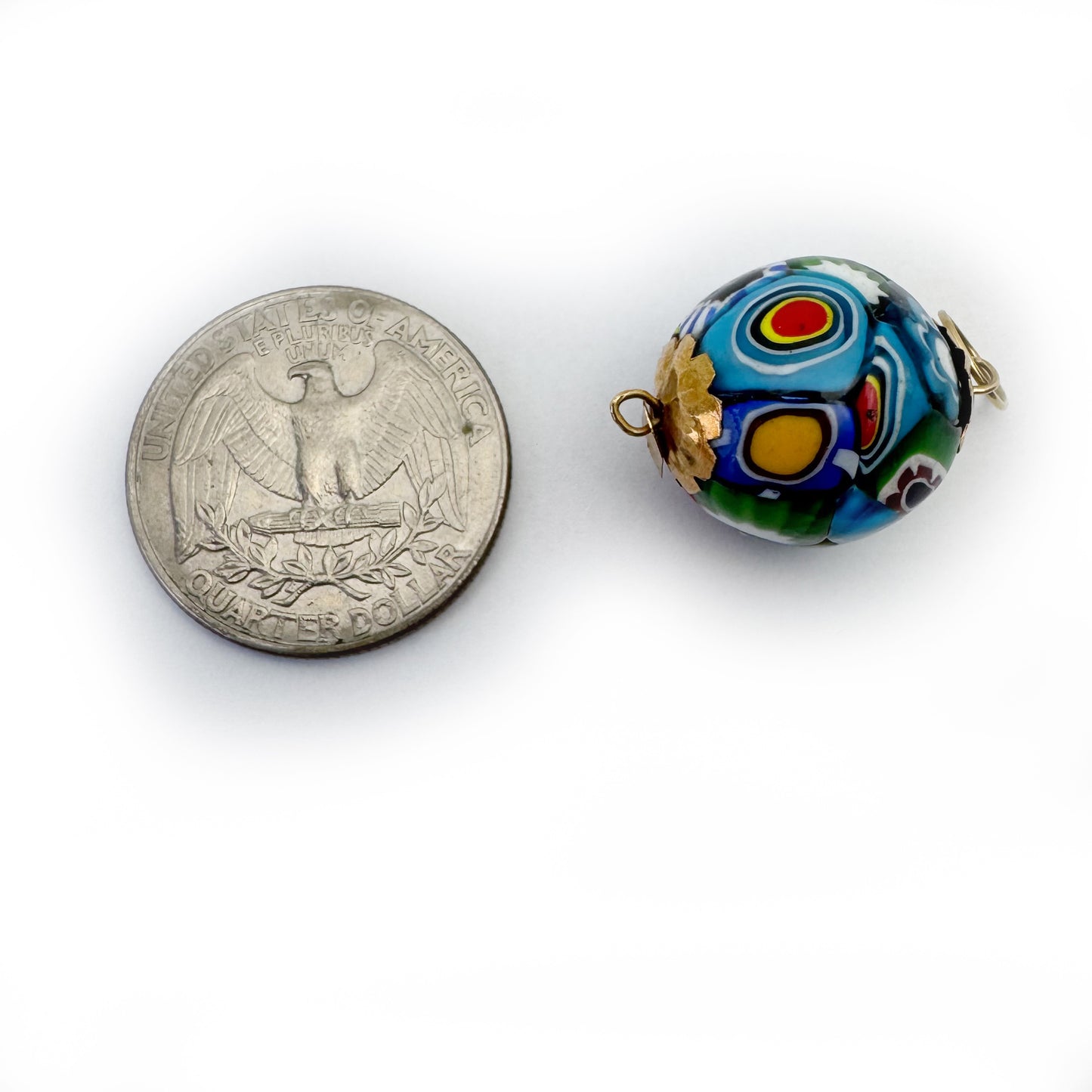 Antique 18k Gold Millefiori Glass Ball Charm Pendant , 18 ct Gold Caps, Italian Mosaic Glass