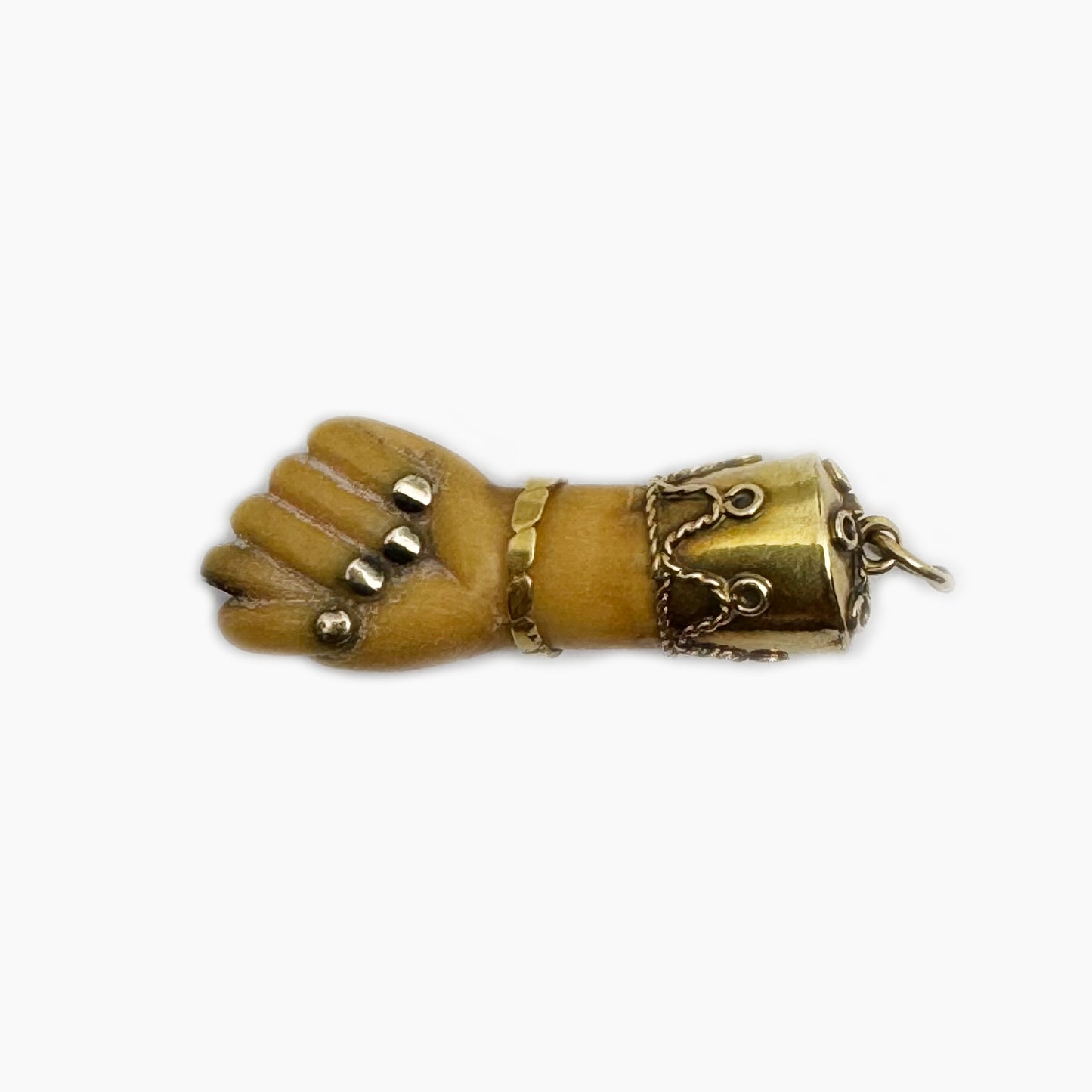 Antique Victorian Bone Figa Mano Fico Pendant, 18k Gold Mounted Hand Amulet, c.1800s Lucky Charm