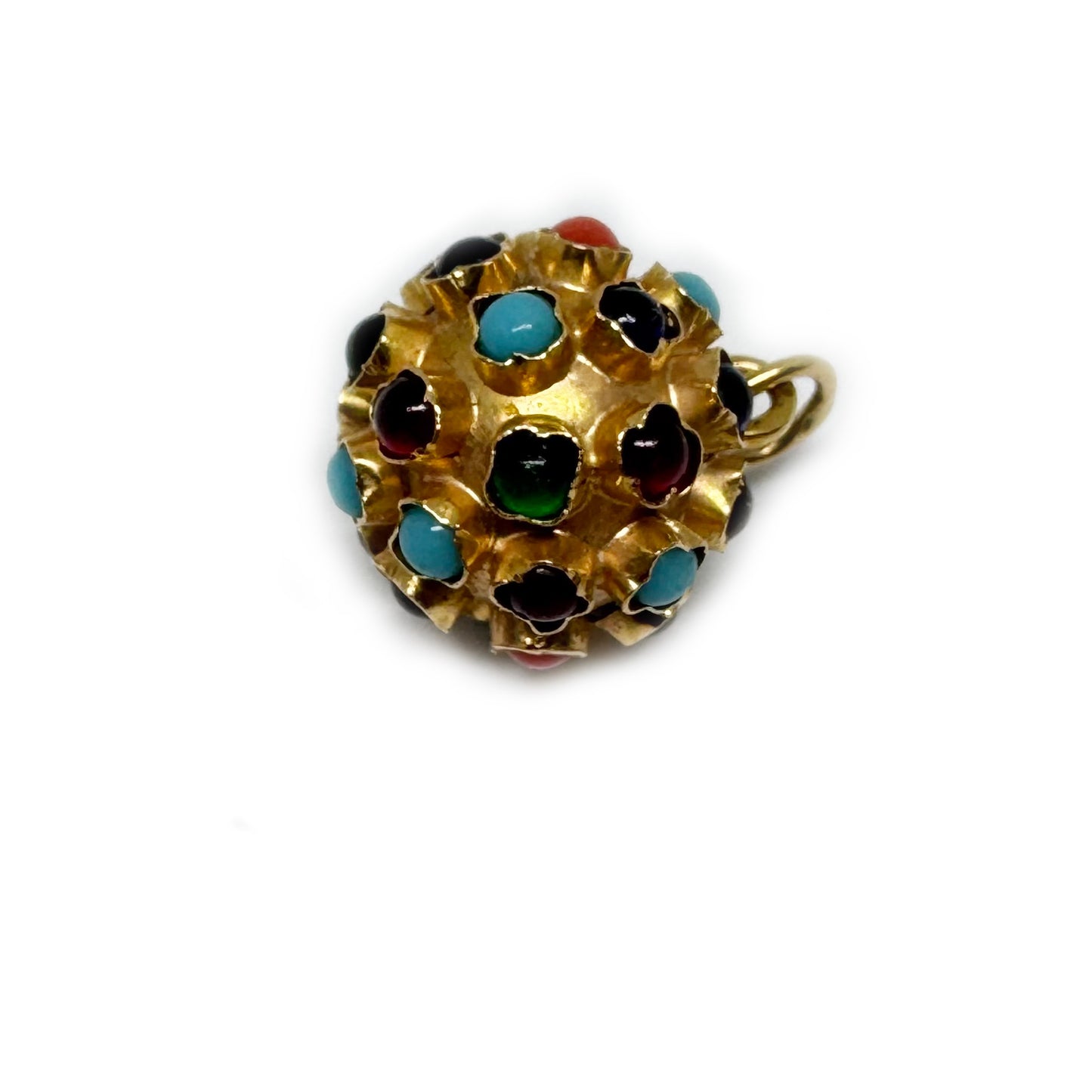 Vintage 19.2k Gold Sputnik Charm Pendant, Portuguese Orb with Coral & Multi-Gemstones, 1970s Solid Portuguese Gold 3D Ball