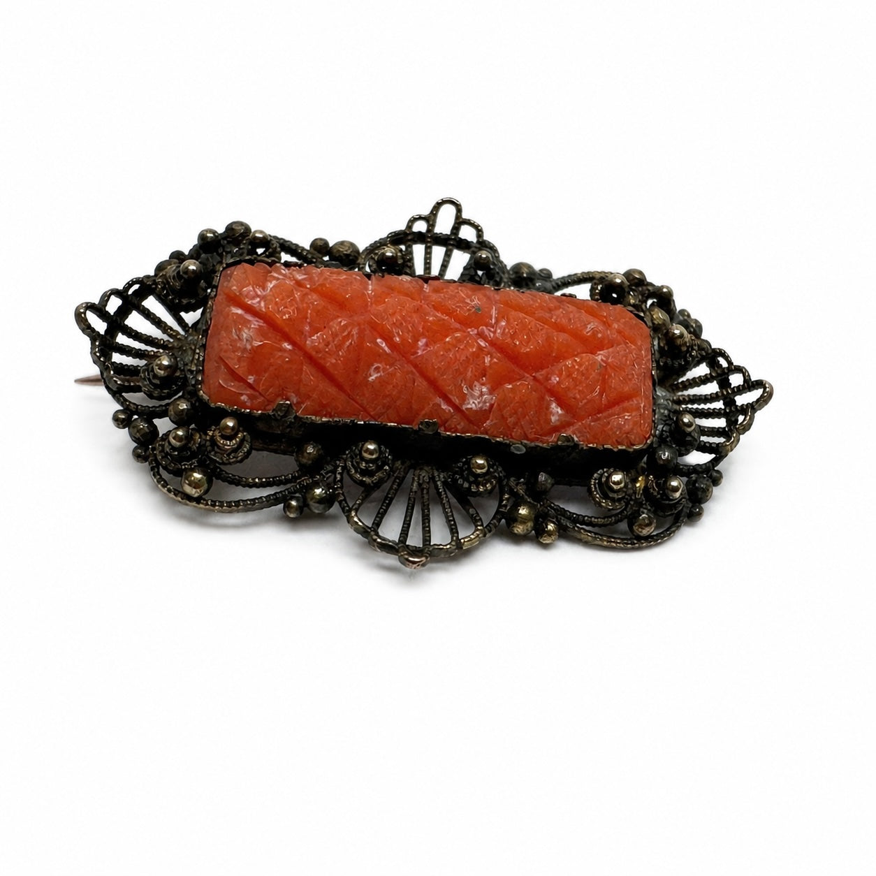 Georgian Coral Brooch 14K Gold Filigree Lace Pin, Hand Carved Natural Coral, Regency Fichu Pin, Antique Coral Jewellery, c.1820
