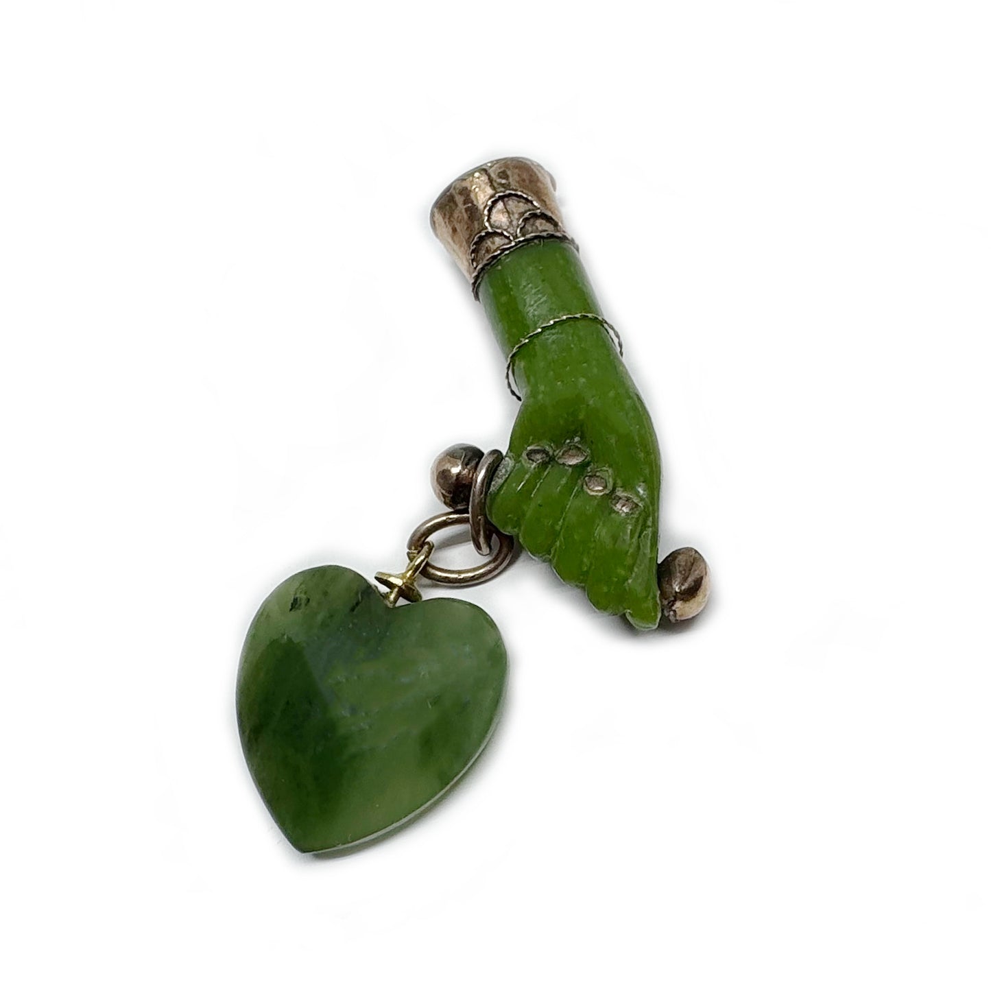 Vintage Green Figa Hand Pendant, Quartz Heart Charm, Resin Fist Amulet, Gold-Tone Mount, Lucky Protection Charm