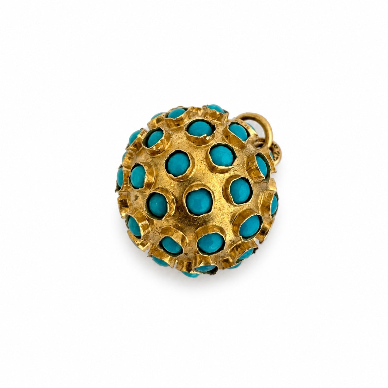 Vintage 9k Gold Sputnik Charm Pendant, Estate Turquoise 9 ct Orb Charm, 1960s Ball Charm, Turquoise Pendant 3d Sphere Charm