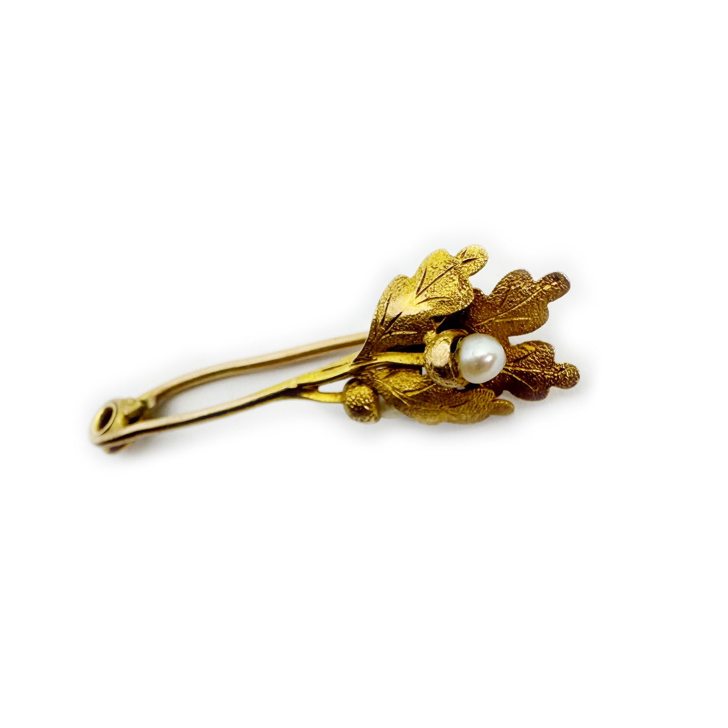 Victorian 15k Gold Pearl Brooch, Antique Oak Leaf & Acorn Bar Pin, 15 ct Gold Natural Pearl Jewelry, 1800s