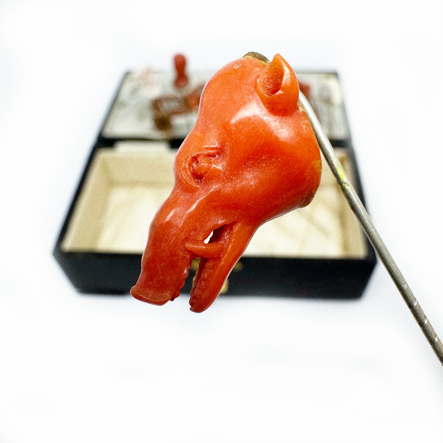 Antique Carved Coral Wild Boar Stick Pin, Victorian Animal Head Tie Pin, Mediterranean Figural Coral Jewelry