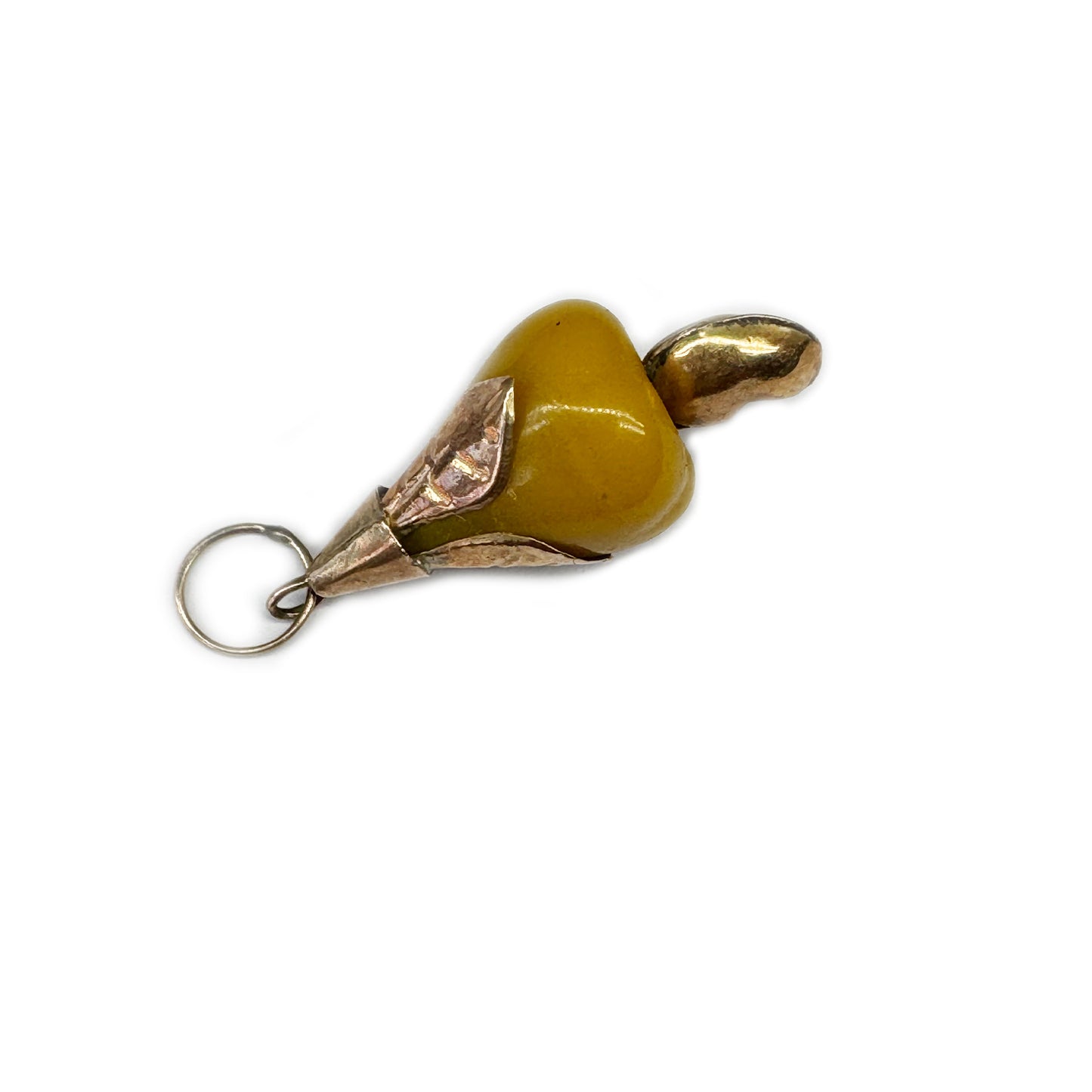 Antique 9k Gold Fruit Charm, Carved Bakelite, Fruit, 1940's, 9 ct Gold, Amulet, Pendant, Cashew Fruit Charm, Tropical Fruit Pendant