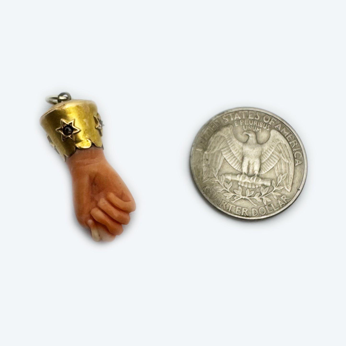 Antique 18k Gold Mediterranean Coral Figa Charm, Victorian Lucky Amulet Diamonds