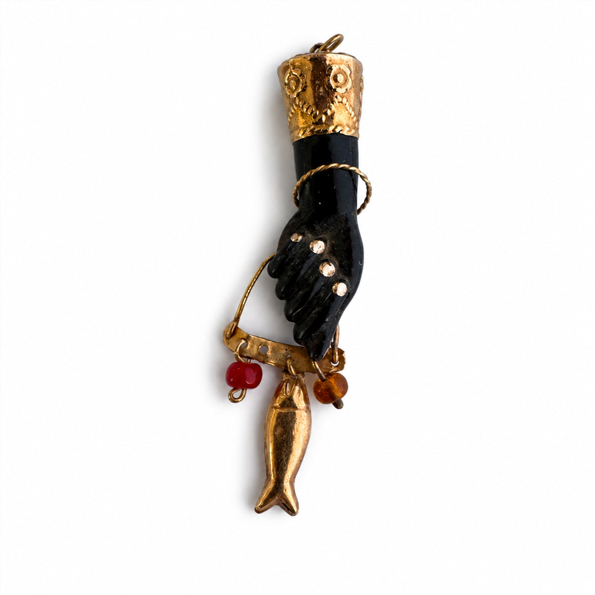 Antique 18K Gold & Stained Horn Figa Pendant, Mano Fico Lucky Charm, Fig Hand Amulet with Fish Charm, Italian Talisman, Victorian Pendant