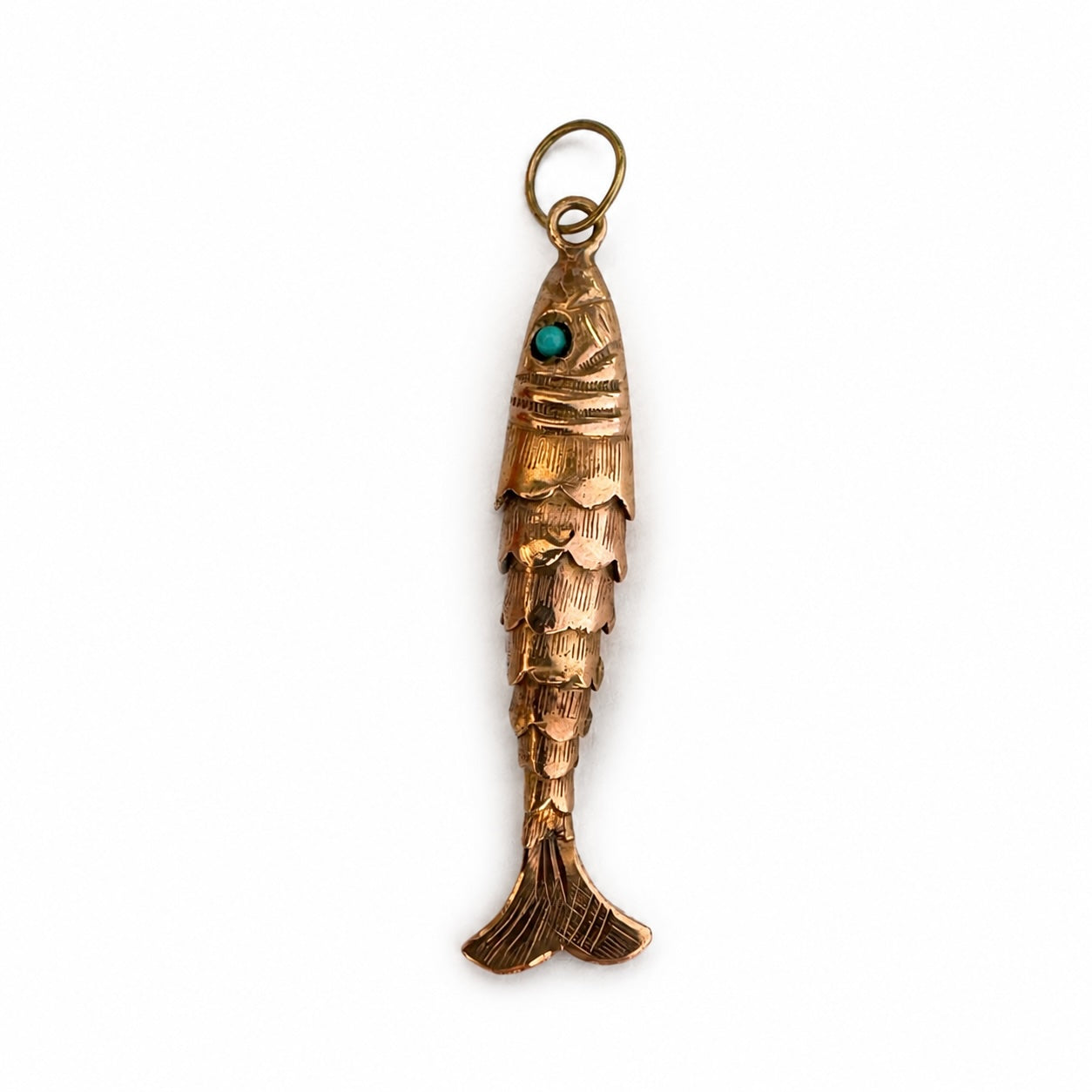 Vintage 18k Gold Articulated Fish Pendant, Moving Fish Charm, Turquoise Eyes, Mid Century 18 ct Gold Lucky Charm, Nautical Jewellery
