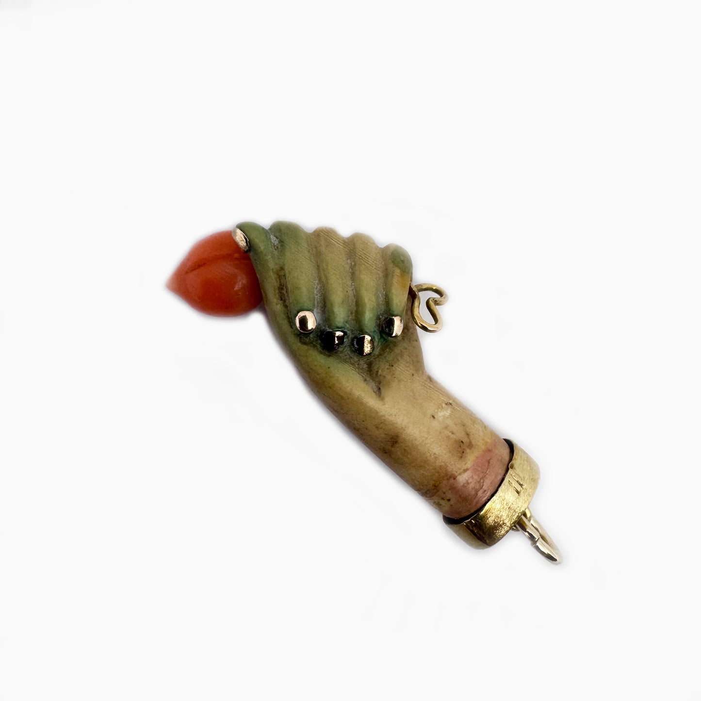 Victorian Bone Figa Pendant, 9k Gold & Coral, Mano Fico Amulet
