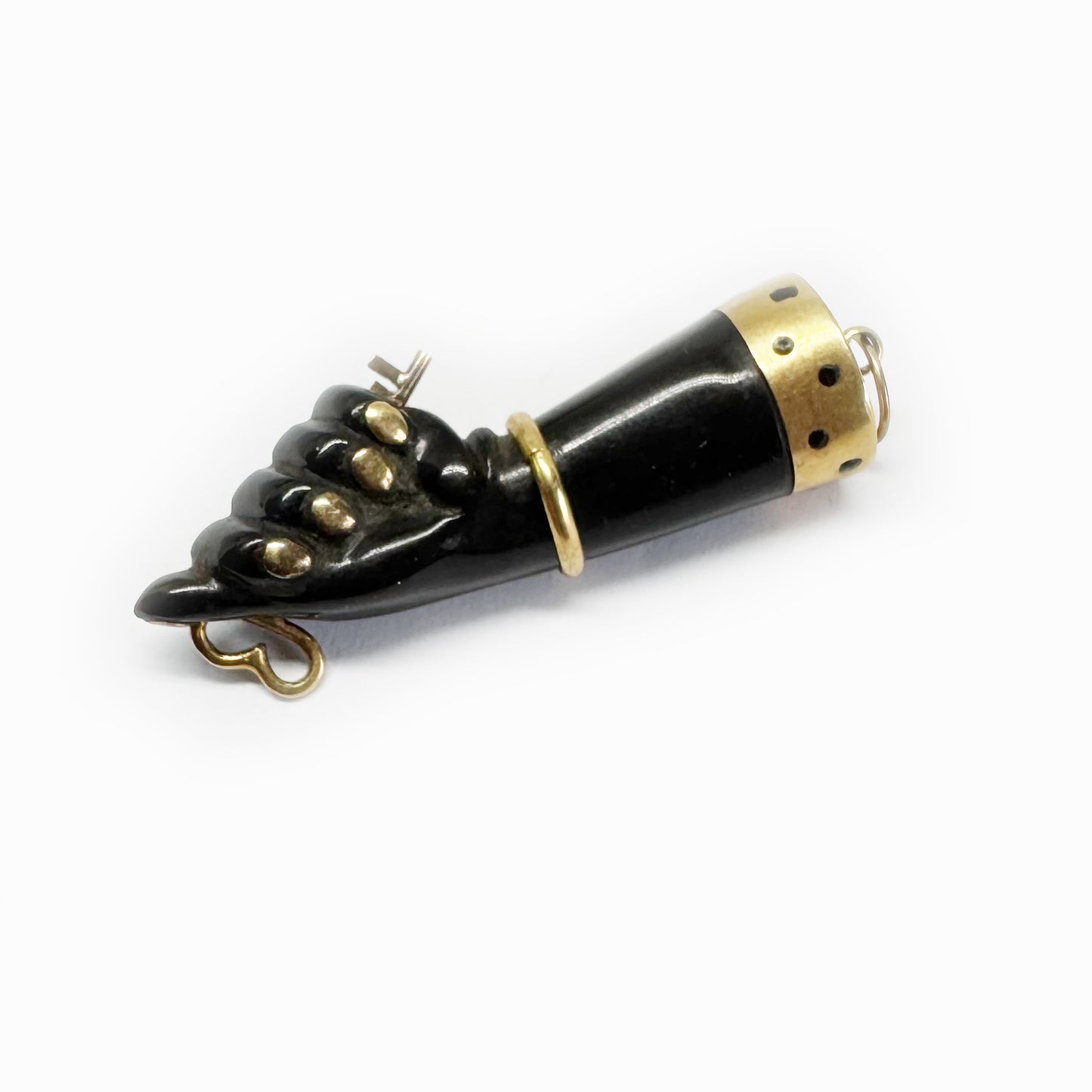 Antique 14k Gold Black Fist Charm, 1920s Figa Pendant, Jet-Style Mano Fico Amulet, Vintage Protection Jewellery