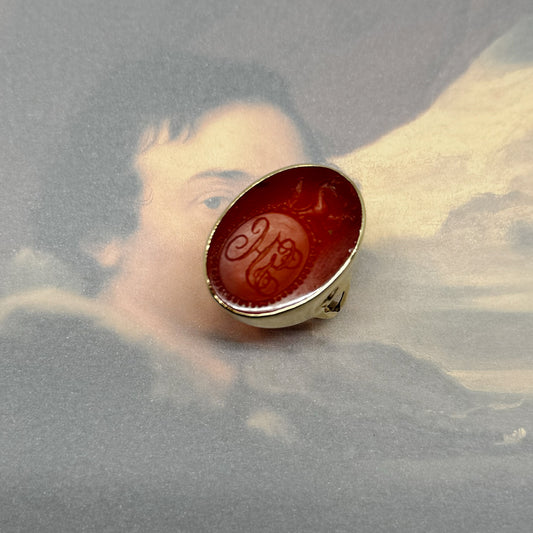 Antique 9k Gold Carnelian Intaglio Ring, Heraldic Coat Of Arms Motto, Edwardian Signet Ring, Family Crest Signet Ring, Seal Ring
