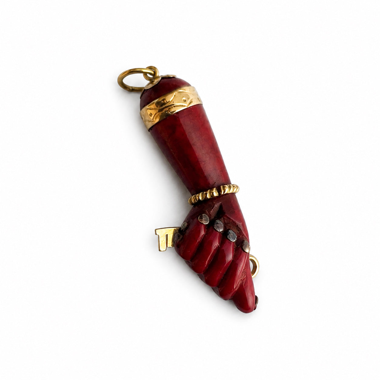 Vintage 16k Gold Resin Figa, 16 ct Gold Burgundy 1950's Bakelite, Amulet, Figa Charm, Pendant, Mano Fico, Evil Eye, Freedom, Lucky Charm
