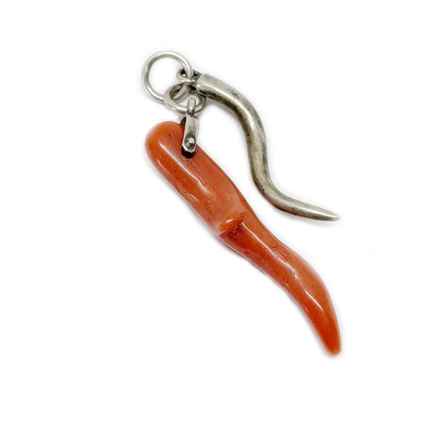 Antique Coral & Silver Amulet, Italian Talisman Charm, Natural Mediterranean Coral Horn, Evil Eye Good Luck Pendant