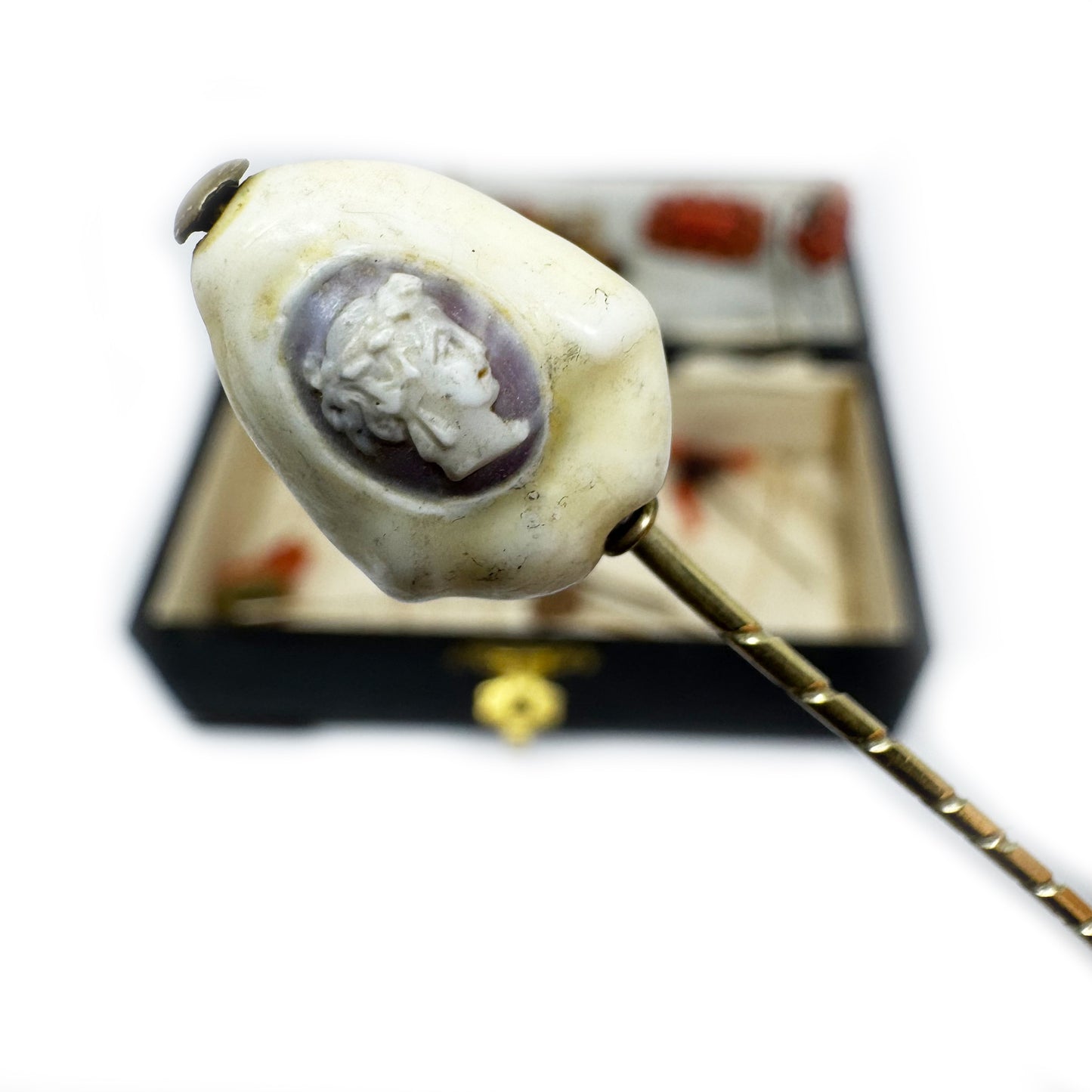 Rare Victorian Cowrie Shell Cameo Stick Pin, Antique Italian Grand Tour Gold Plated Cravat Pin, Miniature Shell Portrait, 1800s