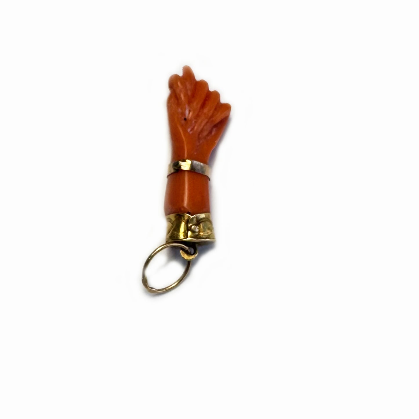 Antique 18K Coral Figa, Victorian Mediterranean Natural Coral Hand, Amulet Pendant, 18 ct Gold, Figa Charm, 1800s Mano Fico, Evil Eye Charm