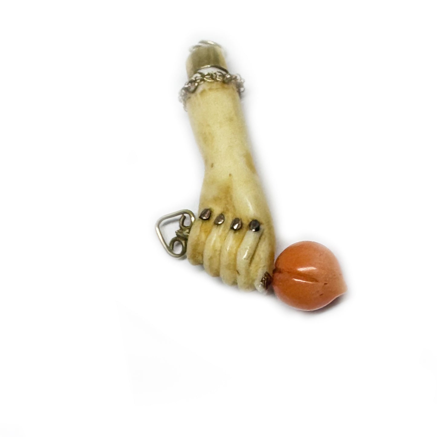 Antique Victorian Bone Figa Pendant with 9k Gold Details and Coral Rose, 19th-Century Italian Mano Fico Amulet