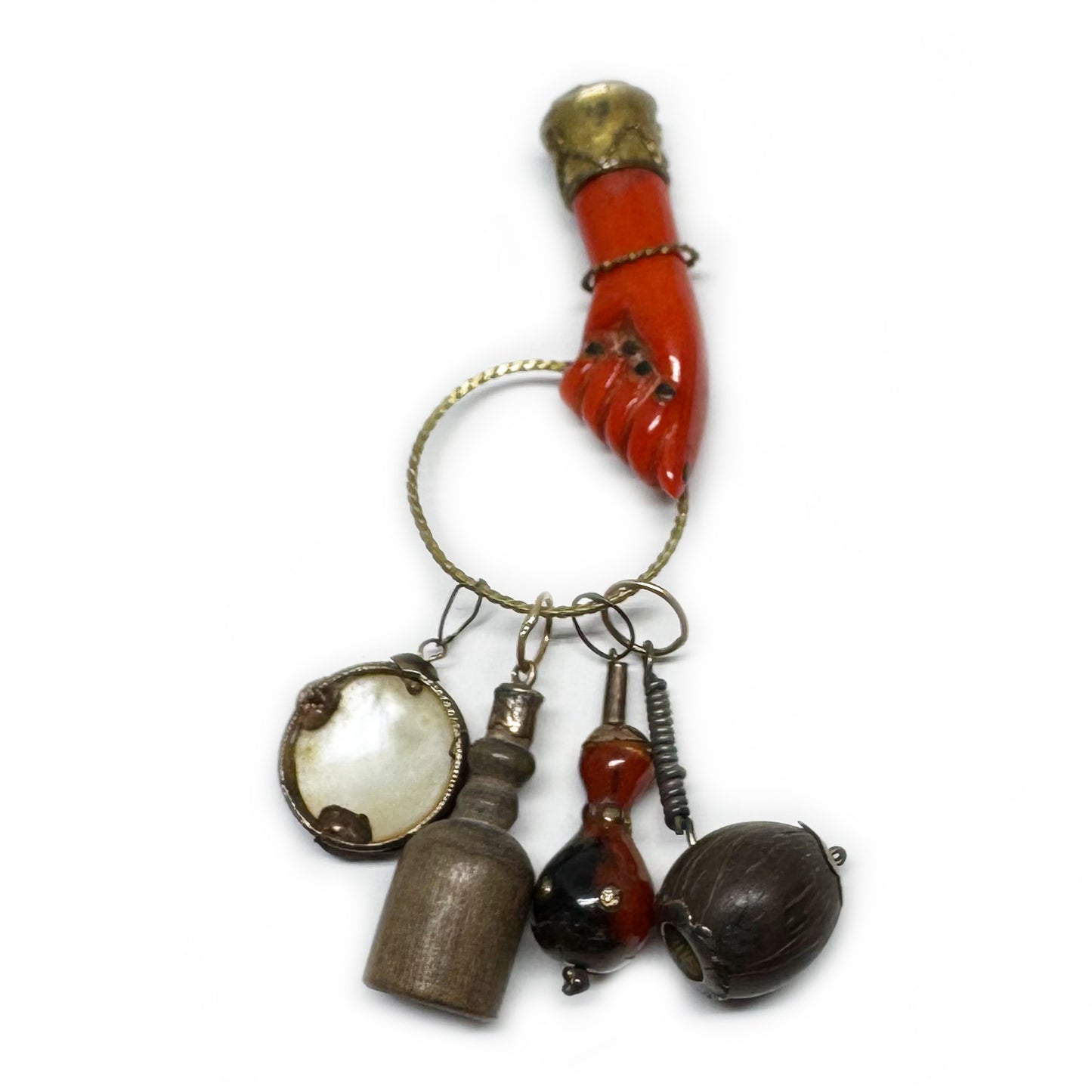 Vintage 1960s Red Figa Charm, Mano Fico Amulet with Mini Charms, Metal Bakelite Fist, Brazilian Lucky Talisman Jewelry