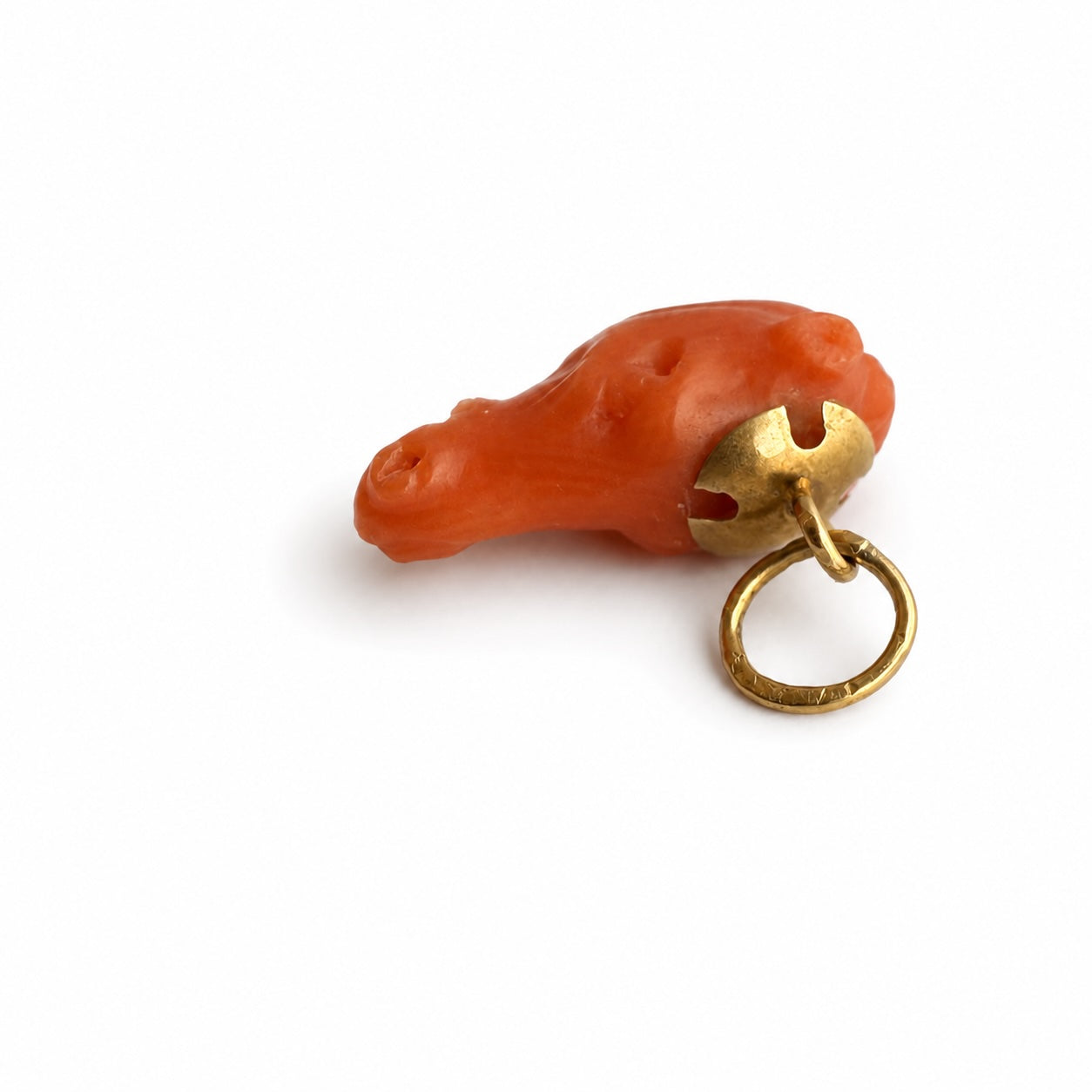 Antique 14k Coral Pig Head Lucky Charm, Victorian Wild Boar Miniature Face, Natural Mediterranean Coral, Animal Pendant, 14 ct Gold