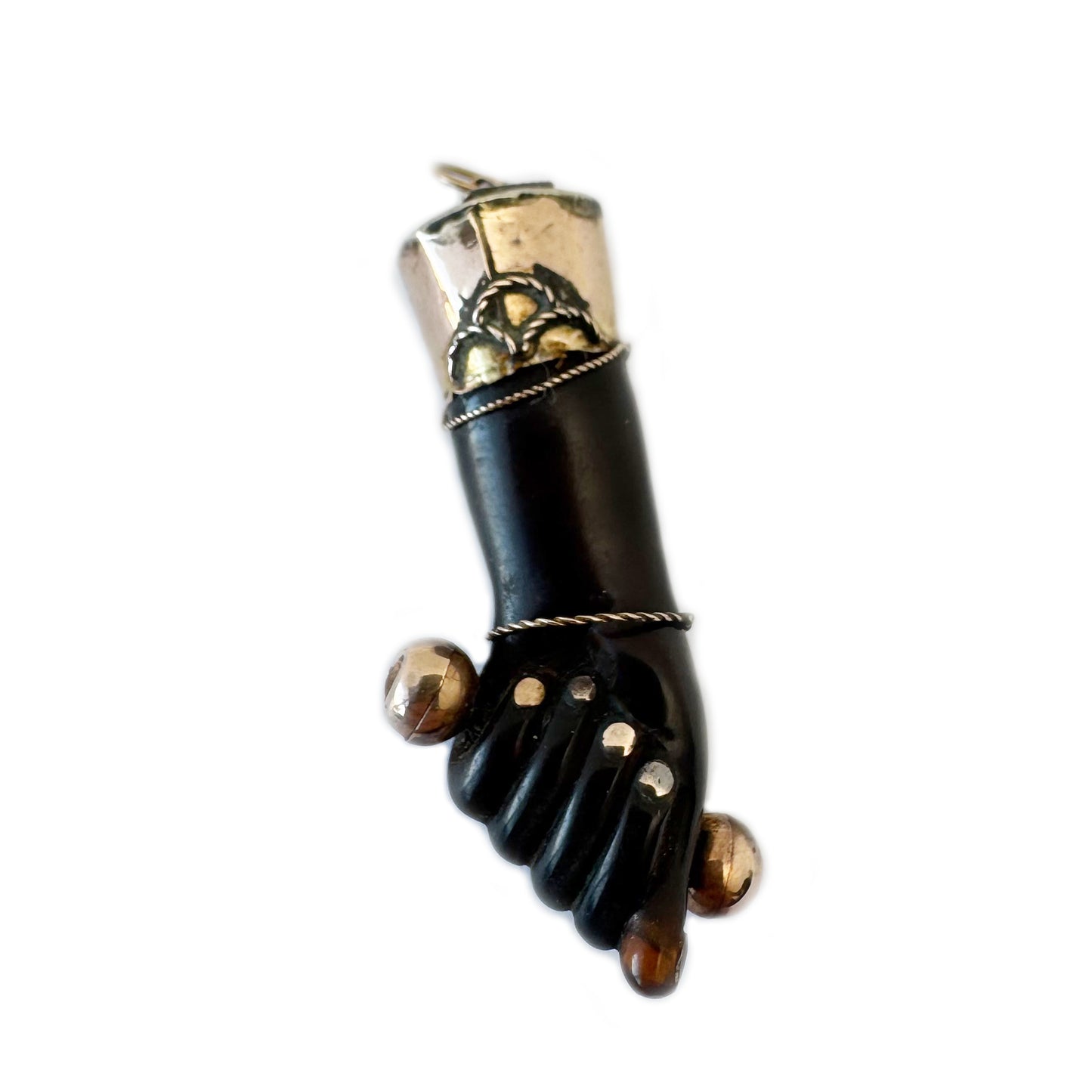 Antique 9k Stained Horn Figa Pendant, 9 ct Gold dark brown Good Luck Charm, Mano Fico, Evil Eye