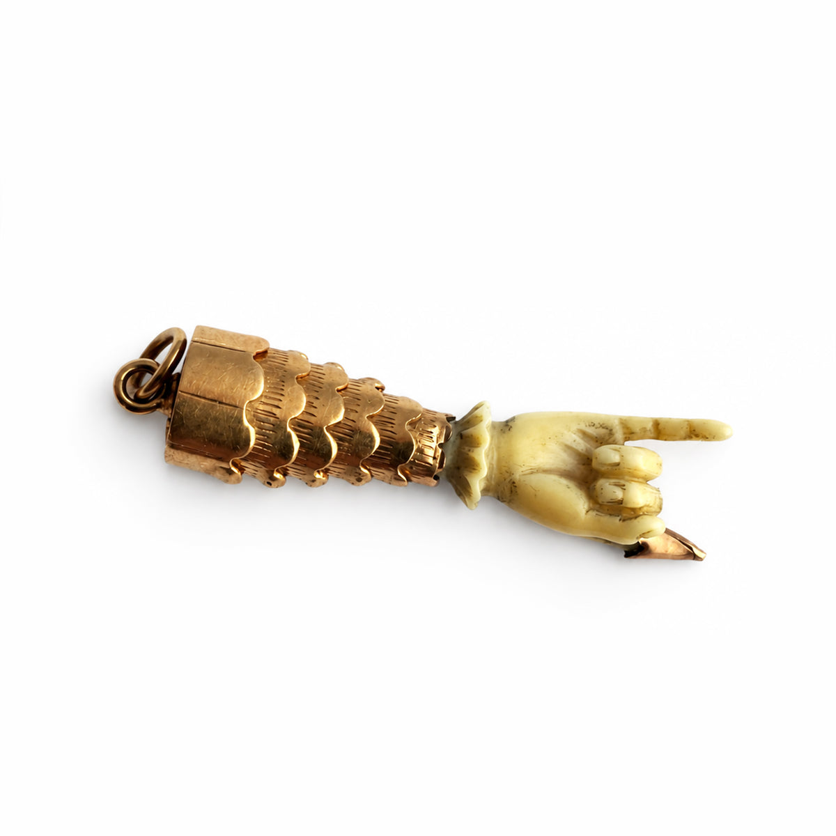 Antique Victorian 18k Gold Mano Cornuto Charm, Bone Horned Hand Figa Amulet, Italian Evil Eye Talisman, Articulated Lucky Pendant