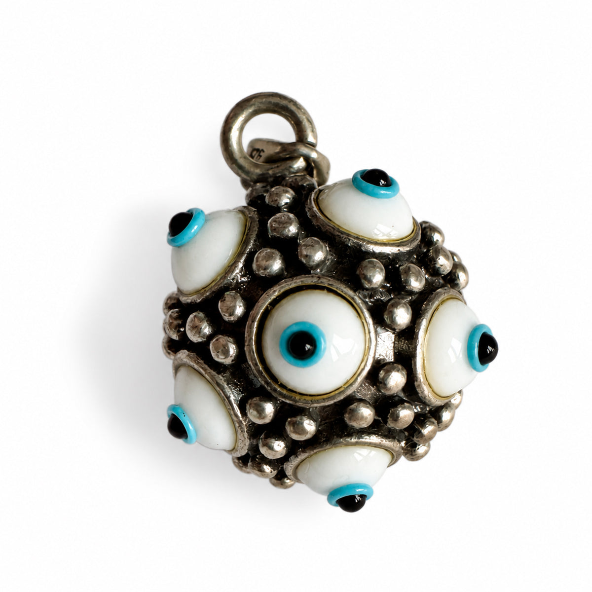 Vintage 925 Sterling Silver Multi Evil Eye Pendant, 12 Glass Nazar Eyes, Hollow Orb Protection Amulet, Unisex Jewelry