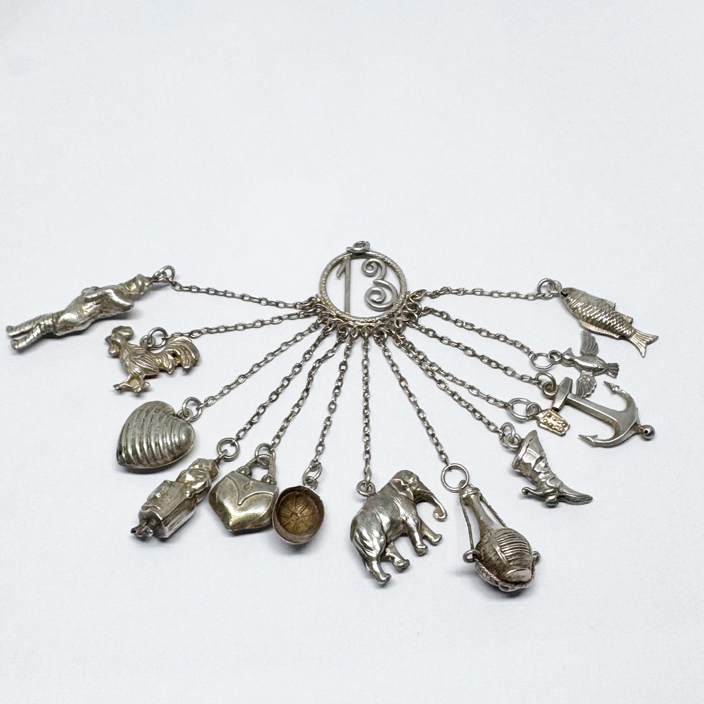 Vintage Silver Neapolitan Lucky Charm Pendant, 13 Talismans Italian Folk, Chatelaine